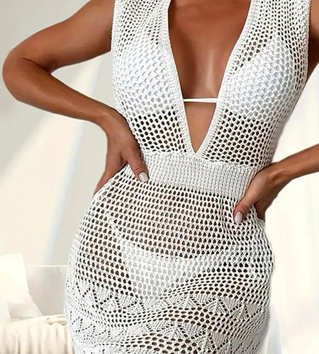 New Deep V Neck Backless Hollow Out Crochet Knitted Tunic Beach Cover Up Cover-ups Beach Dress Beach Wear Beachwear Female V6180