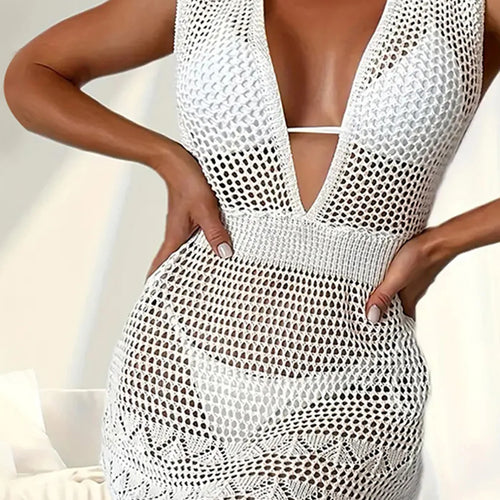 Load image into Gallery viewer, New Deep V Neck Backless Hollow Out Crochet Knitted Tunic Beach Cover Up Cover-ups Beach Dress Beach Wear Beachwear Female V6180
