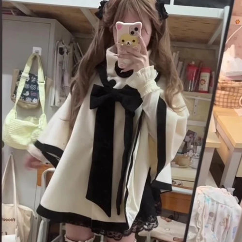 Load image into Gallery viewer, Japanese Cute Bow Lolita Cloak Coats Sweet Kawaii Fashion Y2k Aesthetic Capes High Collar Loose Casual Women Tops Streetwear
