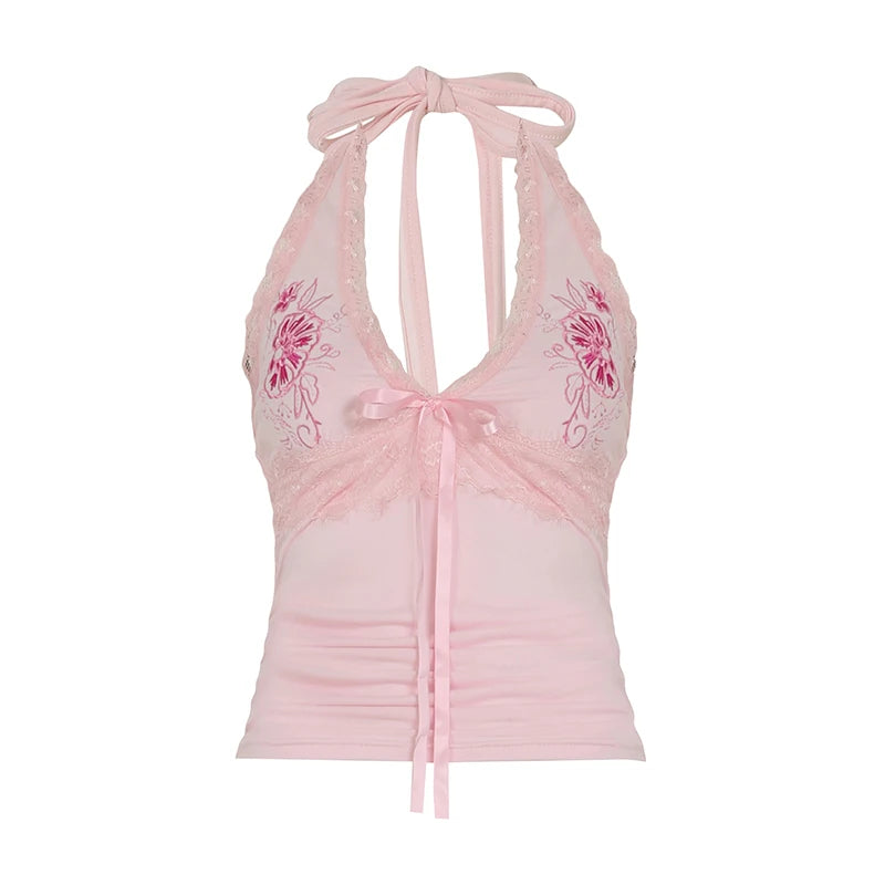 Y2K Sweety Pink Floral Embroidery With Bow Halter Camisole Women Backless Slimming Cropped Tops Summer Hottie Clothes
