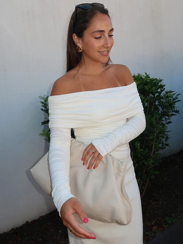 Fashion One Line Neck Long Sleeve Elastic Tight Top Wome Slim Pleated Double Layer T-shirt Top Elegance Female Partywear