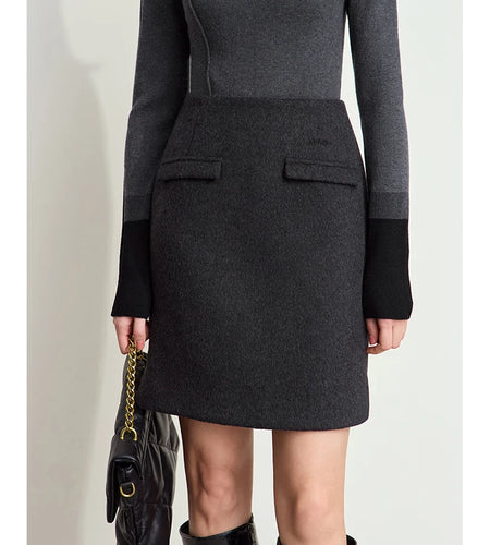 Minimalist Women's Commuter Cropped Woolen Skirts Advanced Grey Split Straight Skirt 2025 Winter Female Bottoms 12444028