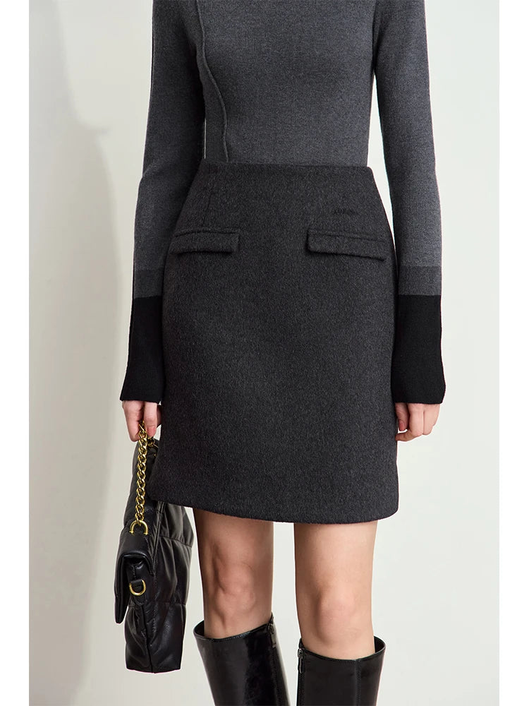 Minimalist Women's Commuter Cropped Woolen Skirts Advanced Grey Split Straight Skirt 2025 Winter Female Bottoms 12444028