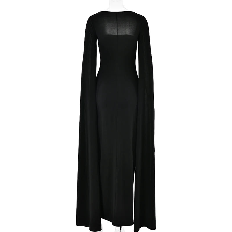 Long Cape Sleeve Split Maxi Dress For Women Gown Fashion Solid Square Collar Evening Sexy Long Dress Elegant New