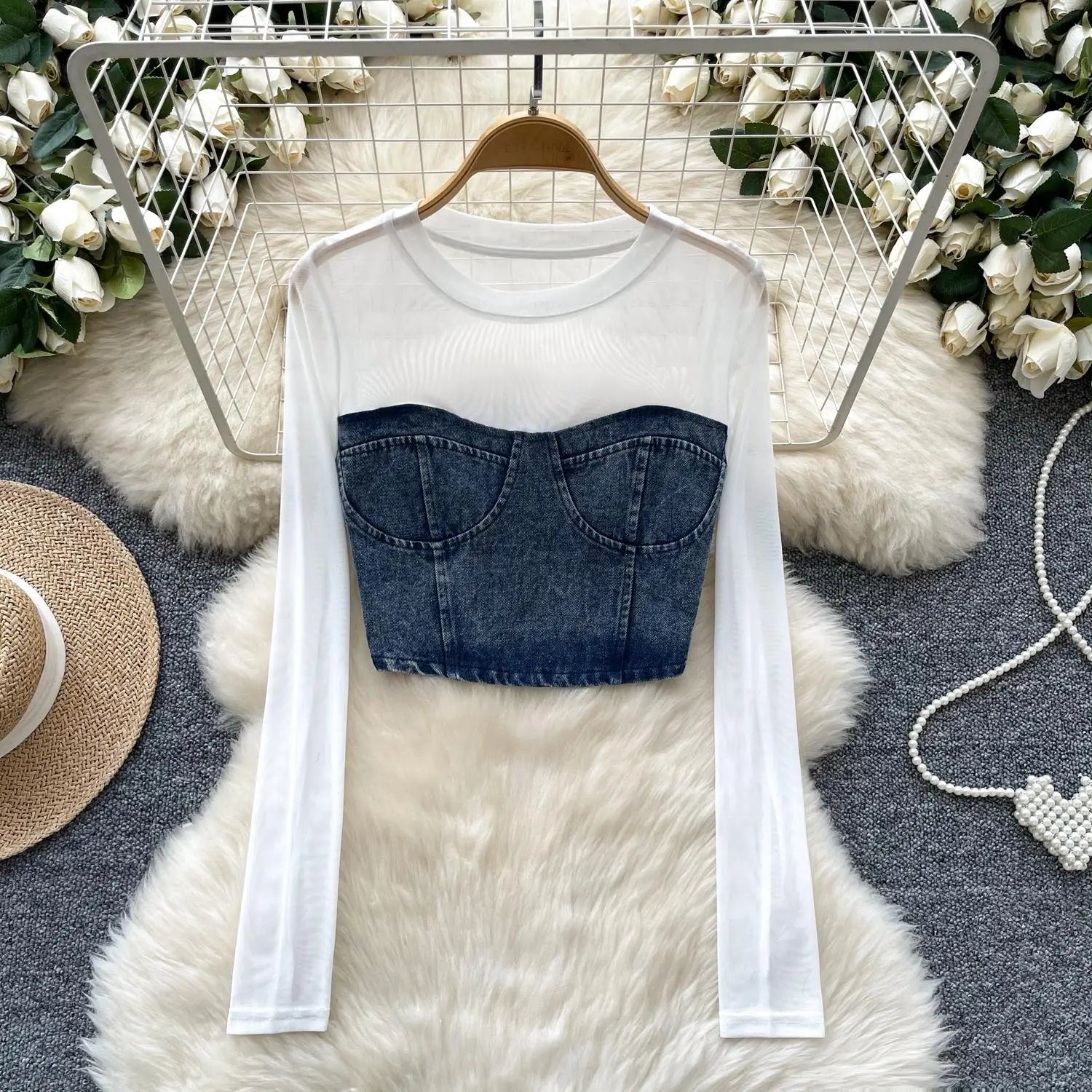 Retro Women Denim Patchwork Mesh Long Sleeved Short Top Autumn Korean Fashion Versatile Elegant Round Neck T Shirt Trend Popular