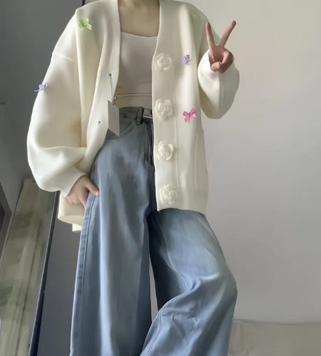 3D Flower Y2k Aesthetic Knitted Grunge Cardigan 2025 Autumn Oversize Loose Contrast Women Sweater Bow Harajuku Cardigans Femme