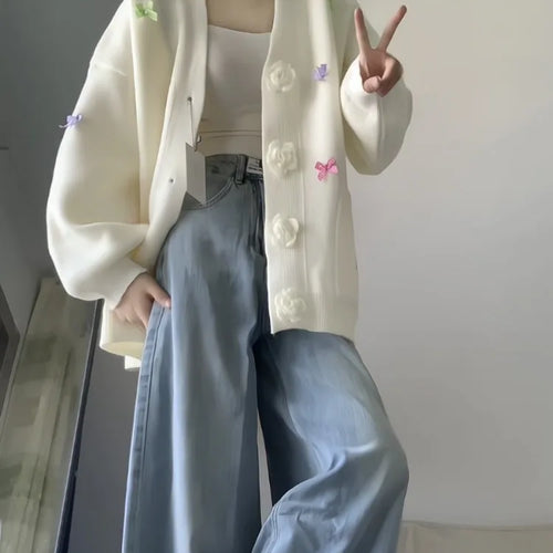 Load image into Gallery viewer, 3D Flower Y2k Aesthetic Knitted Grunge Cardigan 2025 Autumn Oversize Loose Contrast Women Sweater Bow Harajuku Cardigans Femme
