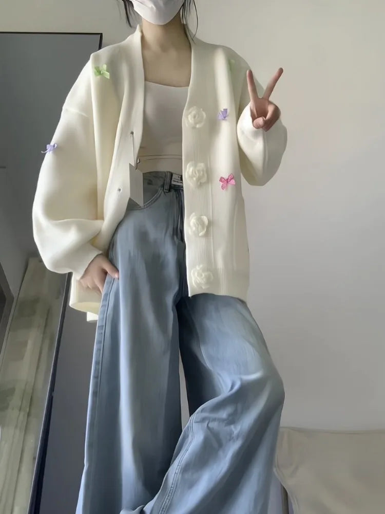 3D Flower Y2k Aesthetic Knitted Grunge Cardigan 2025 Autumn Oversize Loose Contrast Women Sweater Bow Harajuku Cardigans Femme