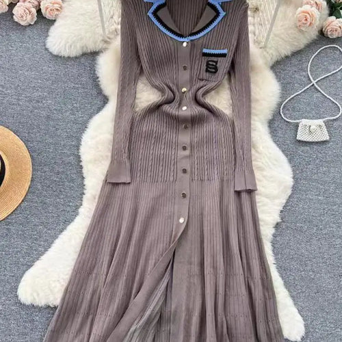 Load image into Gallery viewer, Korean Women's Patchwork Elegant Embroidery Slim Long Sleeved Festival Dress Spring Single Breasted Office Lady Knitted Dresses
