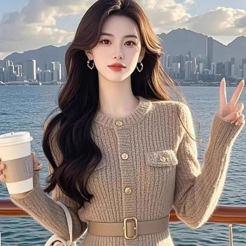 French Women Khaki Single Breasted Long Sleeved Mini Dress Autumn Winter New Round Neck Slim Festival Knitted A-line Short Dress