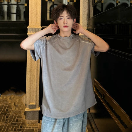 Simple Men's Suede T-shirts Loose Round Neck Short Sleeve Zipper Patchwork Casual Male Tops Stylish Summer 6253