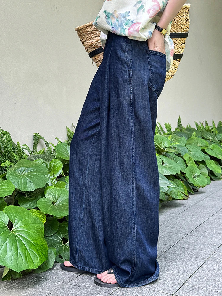 High Waist Blue Denim Thin Casual Pocket Wide Leg Jeans New Women Trousers Fashion Tide Spring Autumn 2025 1DJ1212