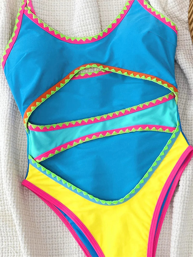 Sexy Splicing One Piece Swimsuit Women Swimwear Tummy Cut Out Monokini Hollow Out Thong Bathing Suit