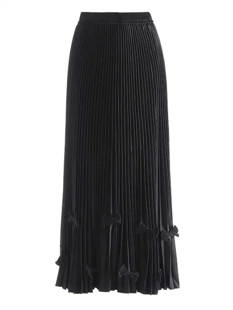 High Elastic Waist Wine Red Bow Spliced Pleated Elegant Half-body Skirt Women Fashion Tide New Spring Autumn 2025 1DH9840