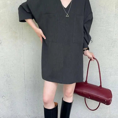 Load image into Gallery viewer, Women Gray Double Pocket Big Size Elegant Mini Dress New V--Neck Long Sleeve Fashion Tide Spring Autumn 2025 1DH7310

