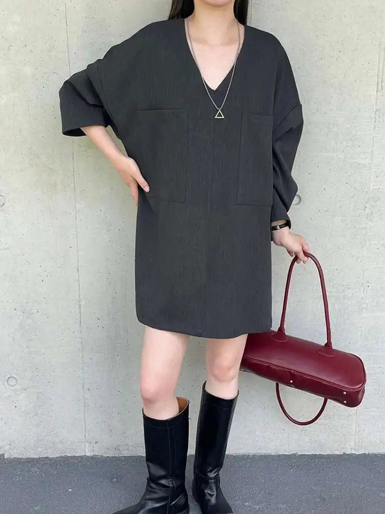 Women Gray Double Pocket Big Size Elegant Mini Dress New V--Neck Long Sleeve Fashion Tide Spring Autumn 2025 1DH7310
