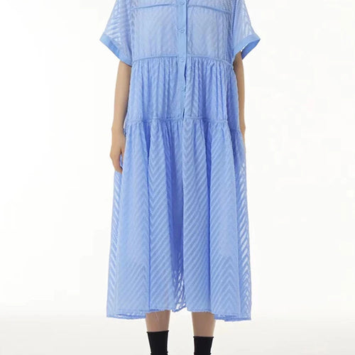 Load image into Gallery viewer, Women Blue Grid Hollow Out Big Size Midi Shirt Dress New Lapel Short Sleeve Fashion Tide Spring Summer 2025 1DJ1208
