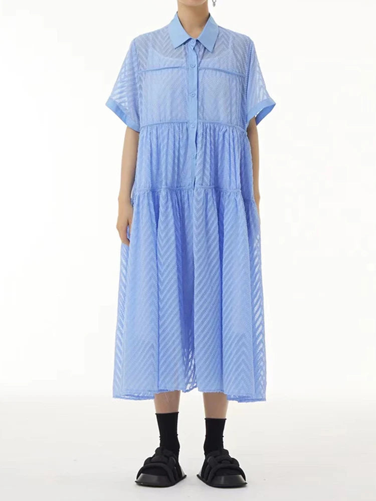 Women Blue Grid Hollow Out Big Size Midi Shirt Dress New Lapel Short Sleeve Fashion Tide Spring Summer 2025 1DJ1208