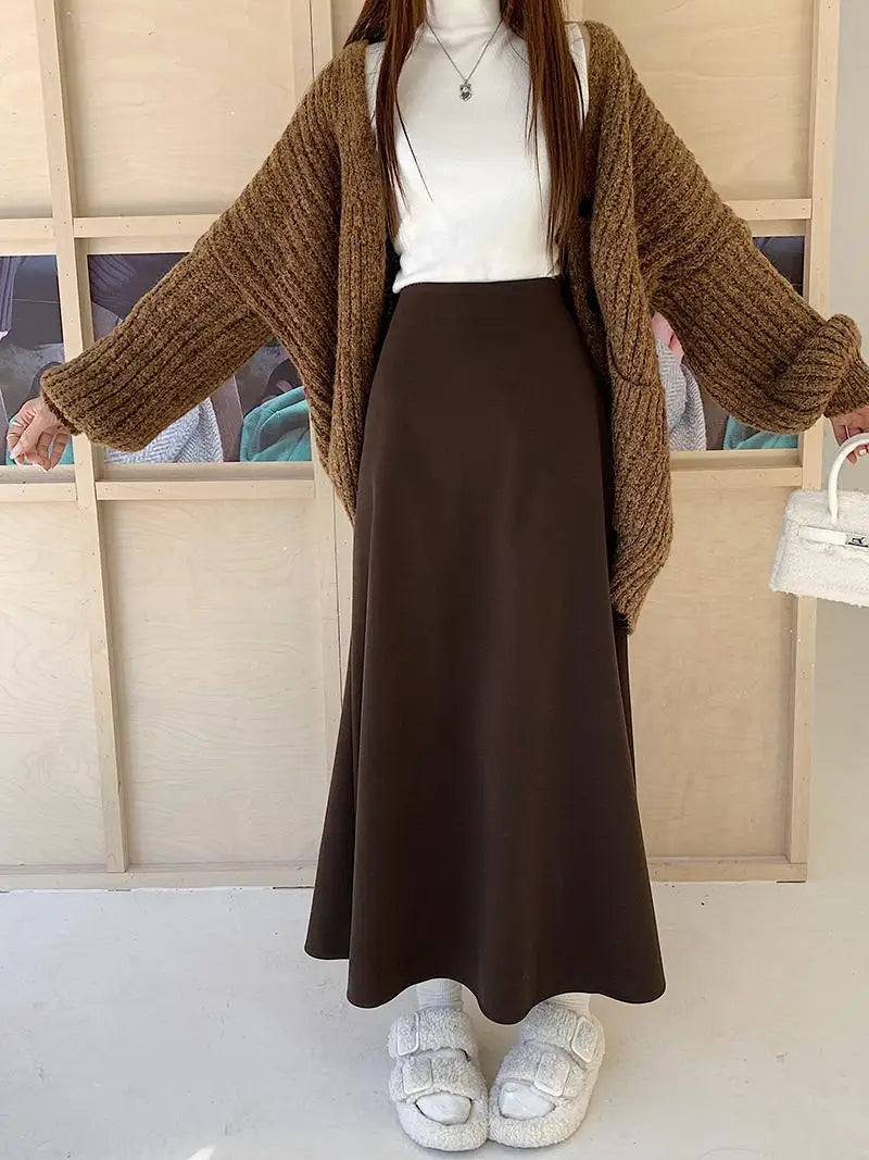Korean Chic Women's Black Temperament Vacation Knitted Long Skirt Autumn Winter Brown High Waist Skirts Fashion Simplicity Trend