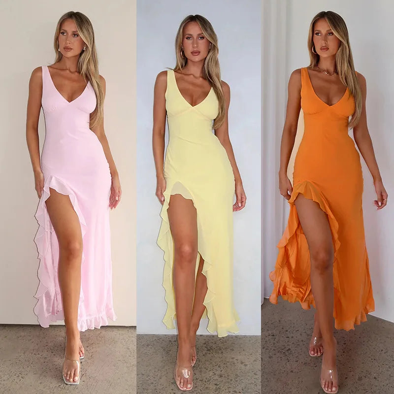 Elegant Sleeveless Ruffles Sexy Long Dress For Women Summer New Deep V Neck Backless Thigh High Split Maxi Dress