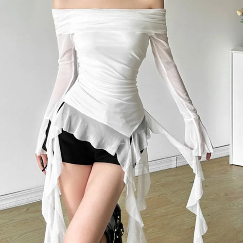 Load image into Gallery viewer, Sexy Slash Neck Off Shoulder Gauze Tshirts Women Y2k Aesthetic Irregular Ruffled Slim Fit Grunge Top Harajuku Vintage Fairy Tees
