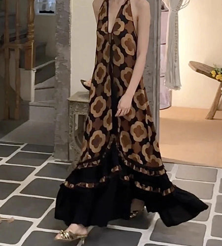 Loose Printing Casual Long Dresses for Women Halter Sleeveless Patchwork Ruffles Folds Dress Female Clothing New