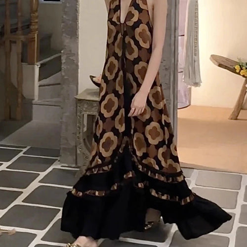 Load image into Gallery viewer, Loose Printing Casual Long Dresses for Women Halter Sleeveless Patchwork Ruffles Folds Dress Female Clothing New
