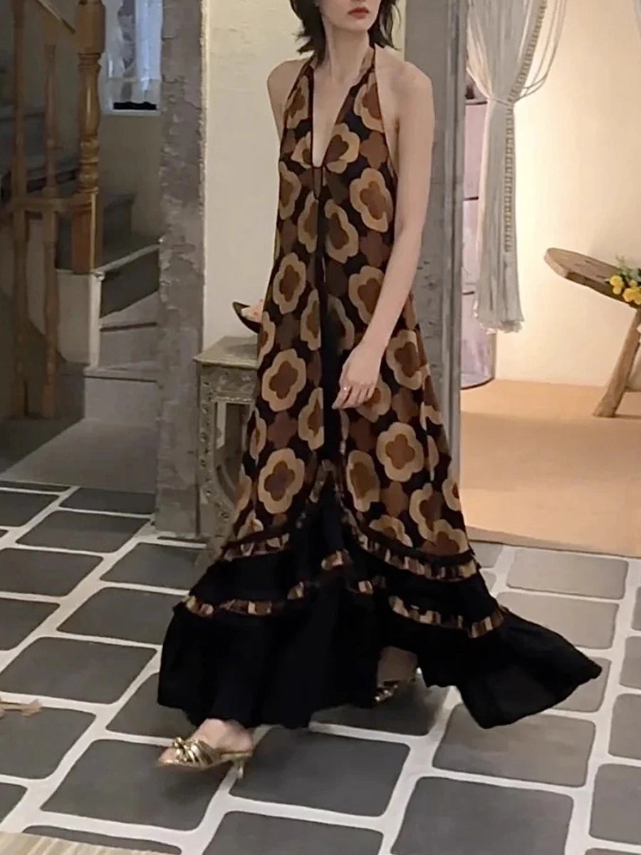 Loose Printing Casual Long Dresses for Women Halter Sleeveless Patchwork Ruffles Folds Dress Female Clothing New