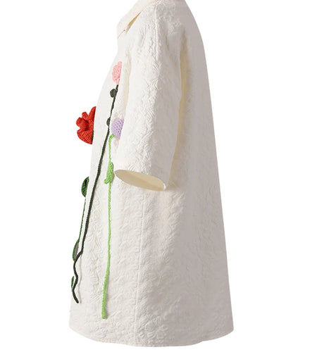 Women Beige Jacquard 3d Flower Big Size Elegant Blouse New Lapel Short Sleeve Shirt Fashion Spring Summer 2025 CPG3212