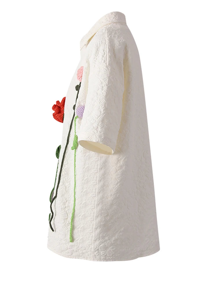 Women Beige Jacquard 3d Flower Big Size Elegant Blouse New Lapel Short Sleeve Shirt Fashion Spring Summer 2025 CPG3212