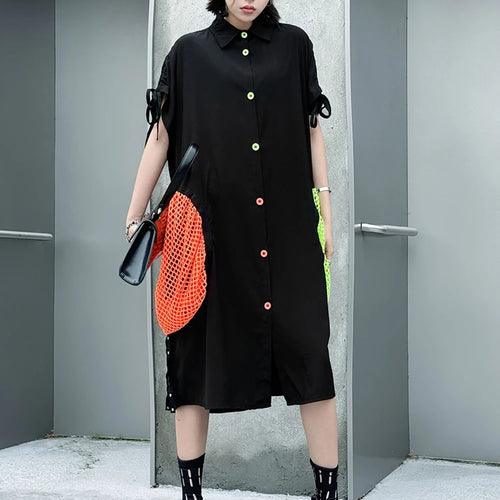 Load image into Gallery viewer, Women Black Color-block Grid Pocket Big Size Shirt Dress New Lapel Short Sleeve Fashion Tide Spring Summer 2025 1DJ1332
