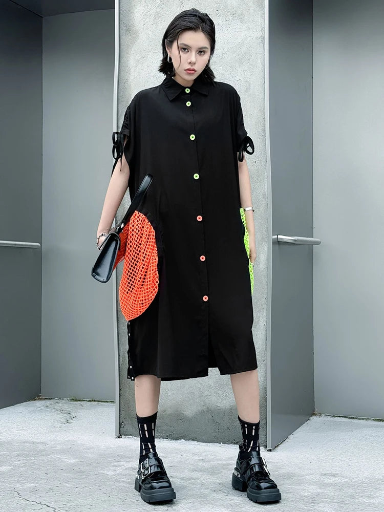 Women Black Color-block Grid Pocket Big Size Shirt Dress New Lapel Short Sleeve Fashion Tide Spring Summer 2025 1DJ1332