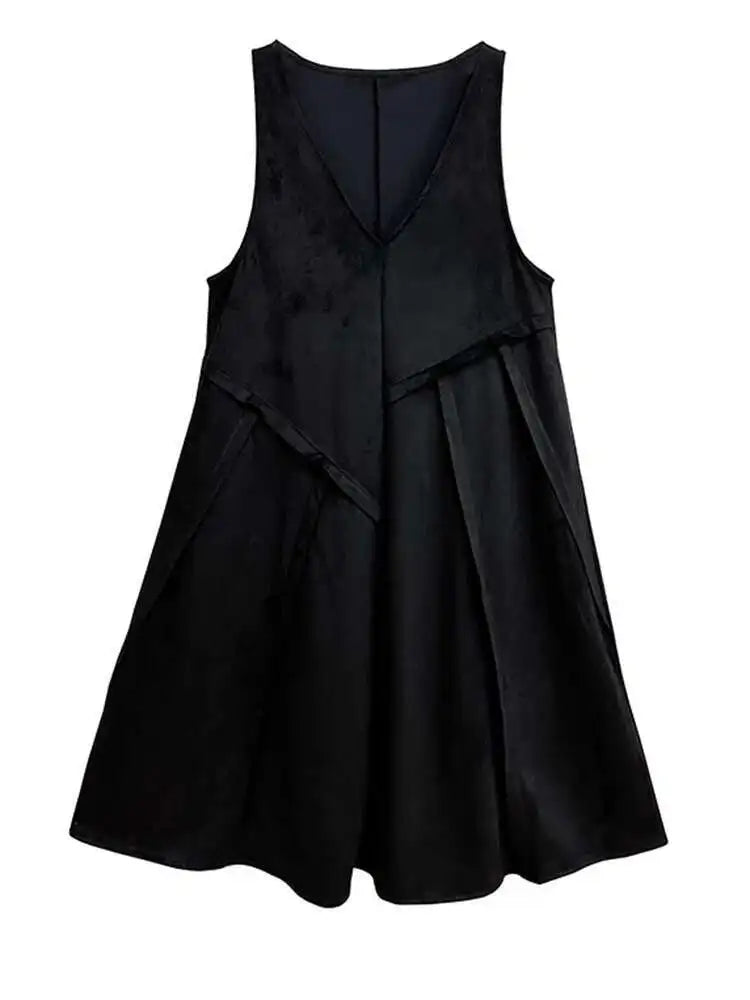 Women Black Irregular Spliced Big Size Long Strap Dress New V-Neck Sleeveless Fashion Tide Spring Autumn 2025 1DH7700