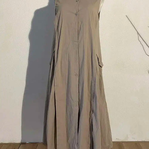Load image into Gallery viewer, Women Khaki Split Pleated Long  Dress New Stand Collar Sleeveless Loose Fit Fashion Tide Spring Summer 2025 1Y353
