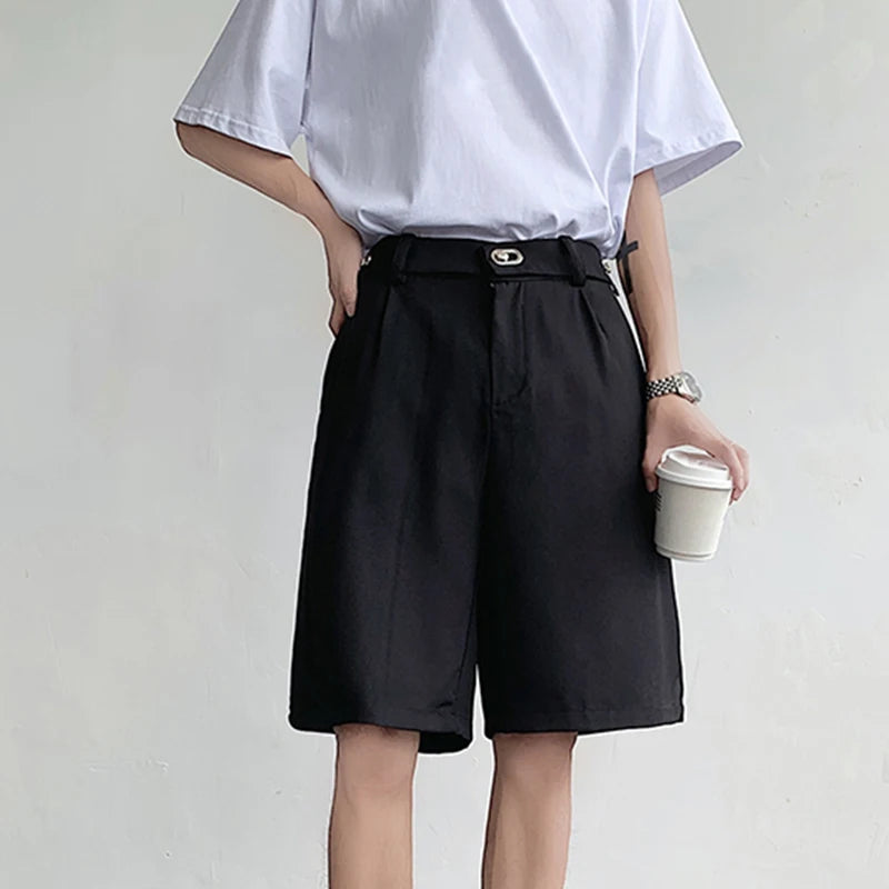 Metal Buckle Suit Shorts Korean Style Loose Summer Trend  Male Pants Casual Zipper Solid Color Loose 9C5337