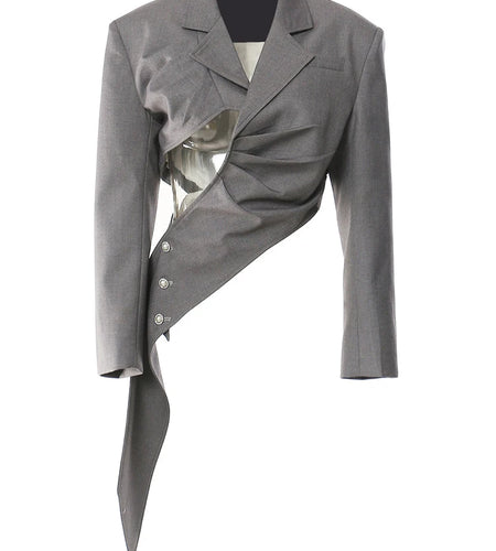 Women Gray Irregular Pleated Elegant Blazer New Lapel Long Sleeve Loose Fit Jacket Fashion Tide Spring Autumn 2025 1DF9442