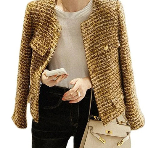 Load image into Gallery viewer, Elegant Retro Women&#39;s Gold Short Woolen Coat Autumn Winter Korean Fashion Tweed Coat Perfect Female OL Outwear Wool Jacket
