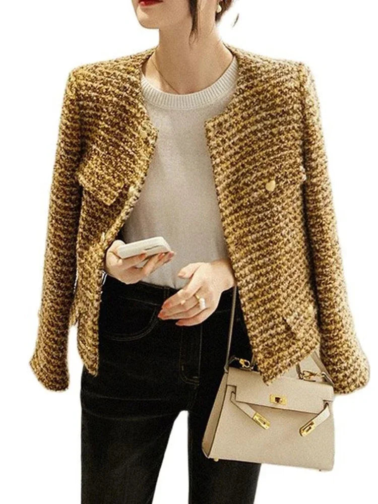 Elegant Retro Women's Gold Short Woolen Coat Autumn Winter Korean Fashion Tweed Coat Perfect Female OL Outwear Wool Jacket