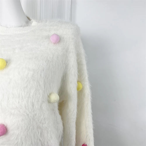 Load image into Gallery viewer, Autumn Winter White Mink Hairball Decoration Short Knitted Sweater Women Round Neck Vacation Long Sleeves Pullover Tops Street
