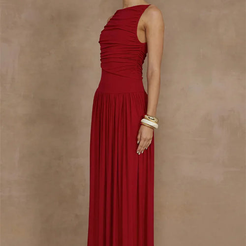 Load image into Gallery viewer, Elegant Sleeveless Maxi Dress For Women Fashion Solid Boat Neck Tank Dresses Ladies Sexy Ruched Long Dress New Gown
