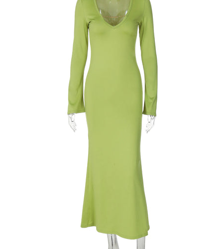 Fashion Green V Neck Long Sleeves Chain Sexy Bodycon Maxi Dress Fall Women Y2K Outfits Birthday Party Festival