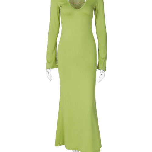 Load image into Gallery viewer, Fashion Green V Neck Long Sleeves Chain Sexy Bodycon Maxi Dress Fall Women Y2K Outfits Birthday Party Festival
