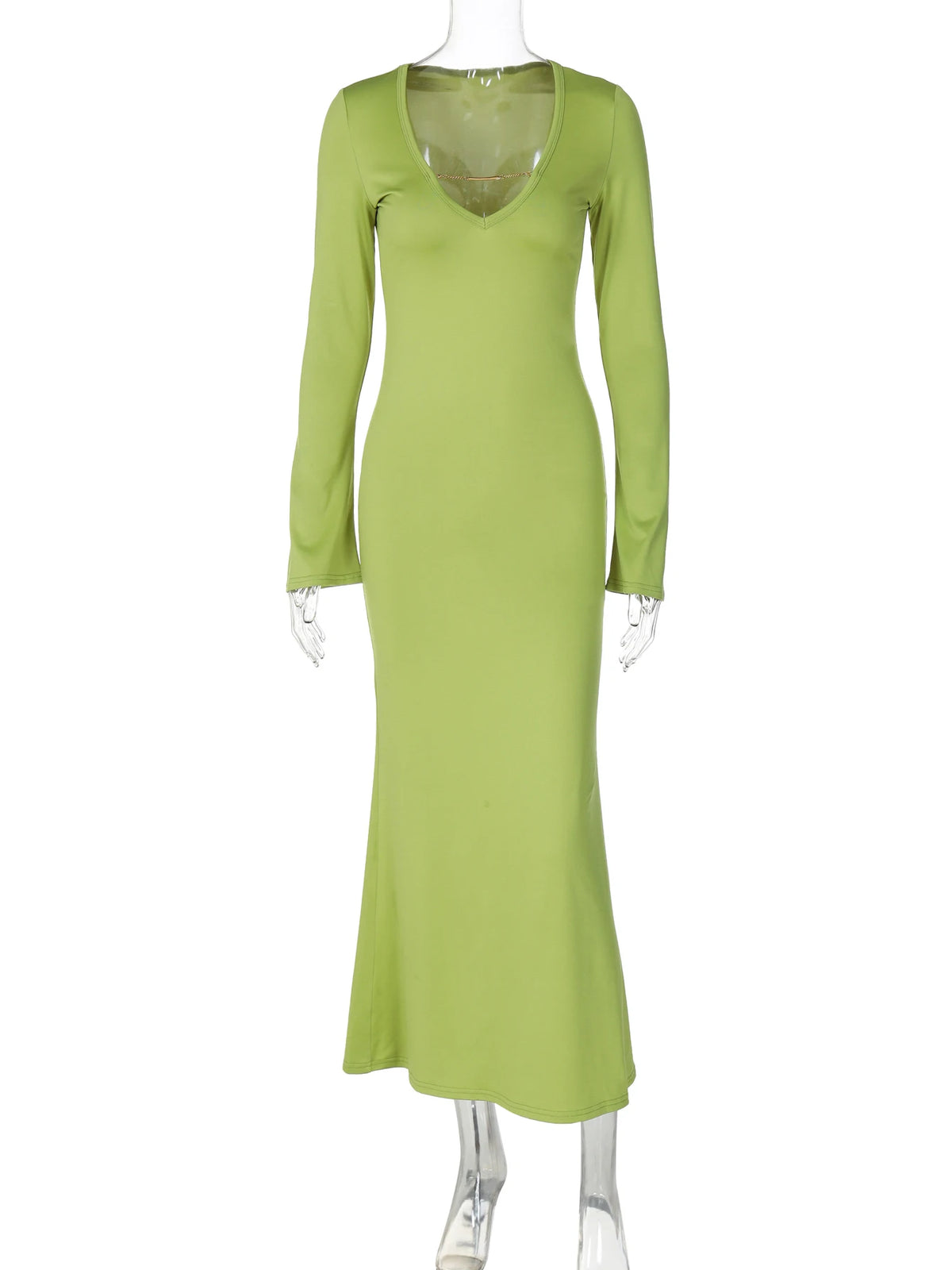 Fashion Green V Neck Long Sleeves Chain Sexy Bodycon Maxi Dress Fall Women Y2K Outfits Birthday Party Festival