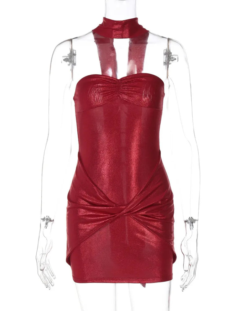 Halter Strapless Ruched Sexy Mini Dress For Women Robe Fashion Solid Off-shoulder Backless Sleeveless Club Dress New