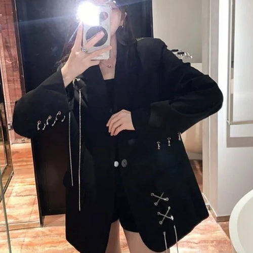 Load image into Gallery viewer, Harajuku Women Jackets Black Gothic Punk Hip Hop Solid Vintage Blazer Coats  Chic Chain Loose Jacket Streetwear

