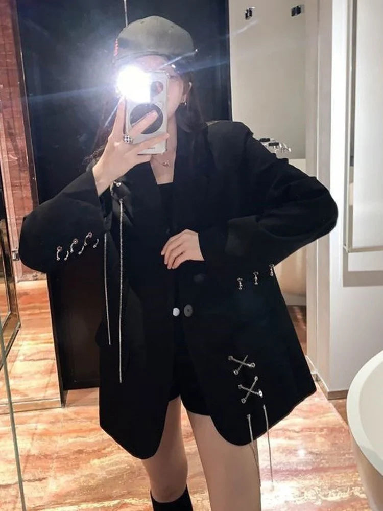 Harajuku Women Jackets Black Gothic Punk Hip Hop Solid Vintage Blazer Coats  Chic Chain Loose Jacket Streetwear