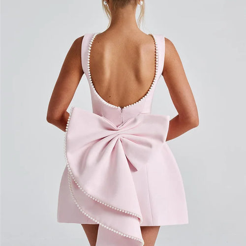 Load image into Gallery viewer, Pearl Bow Backless Sexy Mini Dress For Women Robe Fashion Zipper Sleeveless High Waist A-line Club Party Dress Elegant
