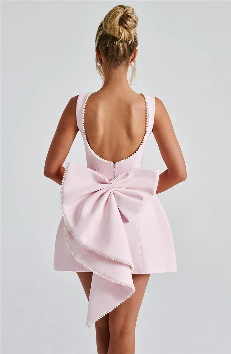 Pearl Bow Backless Sexy Mini Dress For Women Robe Fashion Zipper Sleeveless High Waist A-line Club Party Dress Elegant
