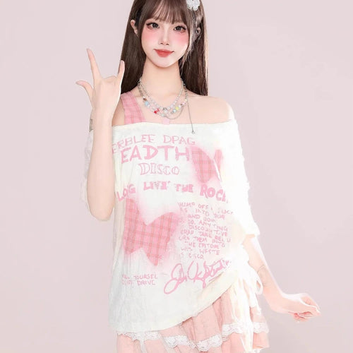 Load image into Gallery viewer, Skew Collar Off Shoulder Plaid Patchwork T Shirts Women Summer Butterfly Printing T-skirt Harajuku Casual Grunge Drawstring Tops
