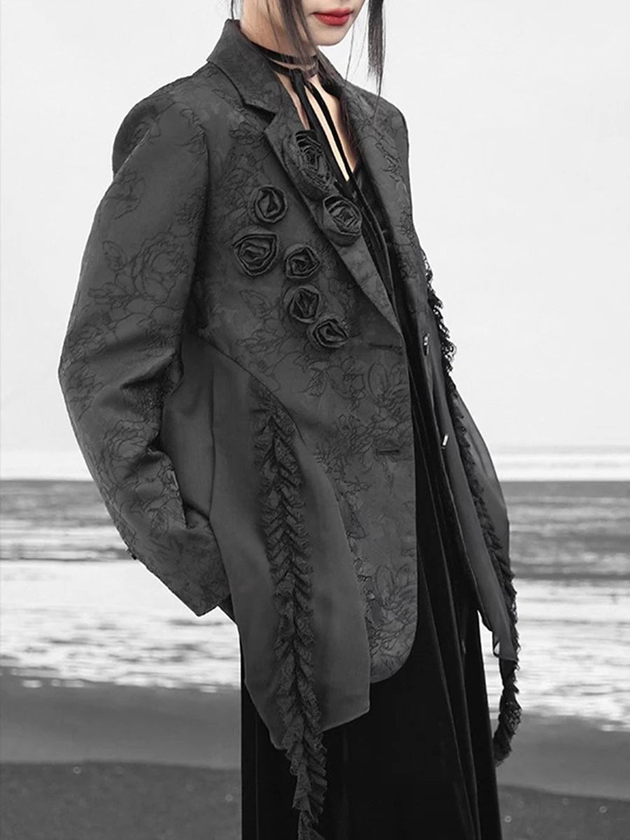 Solid Spliced Appliques Blazers For Women Lapel Long Sleeve Temperament Patchwork Button Coats Female Fashion Style